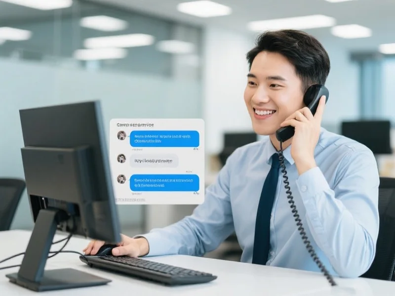 一位微笑的客户服务人员通过在线聊天和电话支持为用户解决问题，背景是现代办公环境
