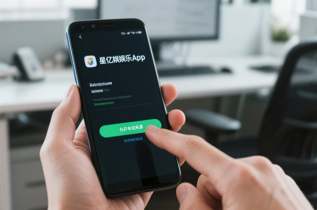 一台安卓手机正显示安装星亿娱乐App的过程，用户正在点击“允许未知来源”选项，背景为办公桌